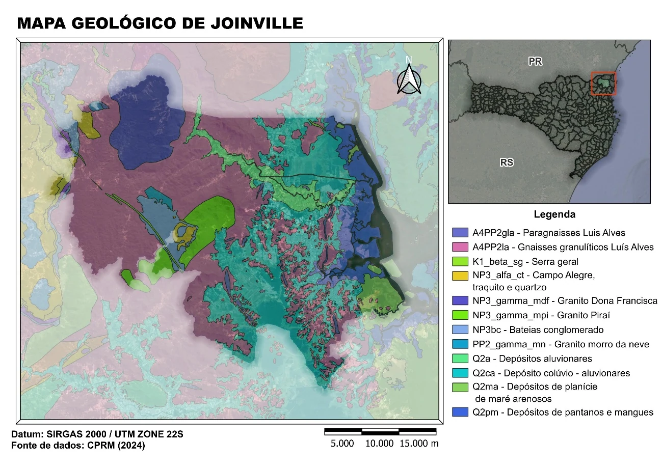 Mapa geológico de Joinville, com as unidades do embasamento cristalino e os depósitos quaternários