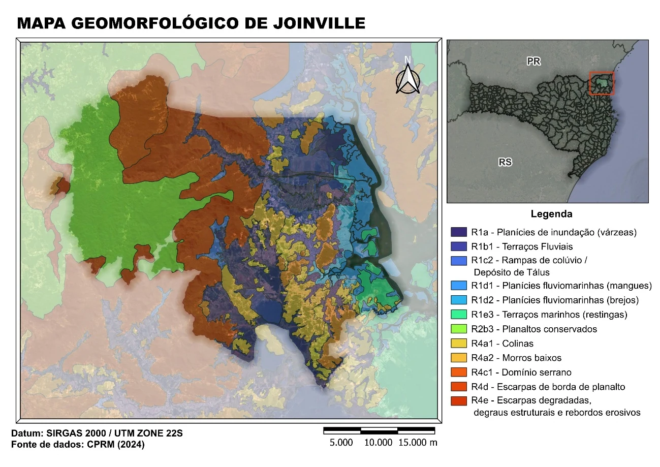 Mapa geomorfológico de Joinville, das planícies de inundação ao domínio serrano