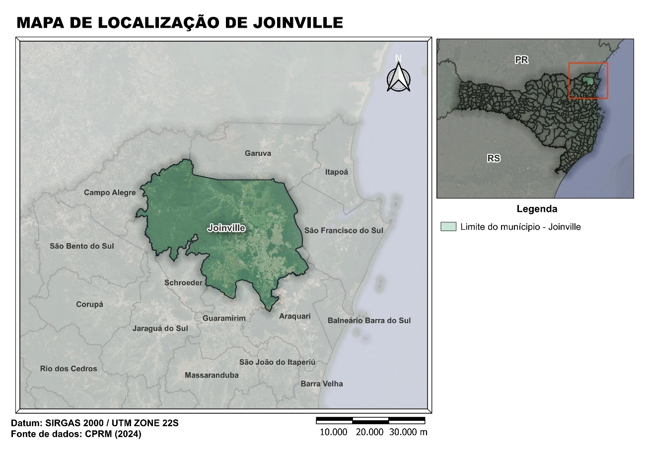 Mapa de localização de Joinville, no norte de Santa Catarina